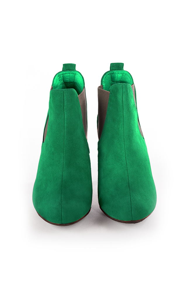 Emerald green and taupe brown women's ankle boots, with elastics. Round toe. High spool heels. Top view - Florence KOOIJMAN
